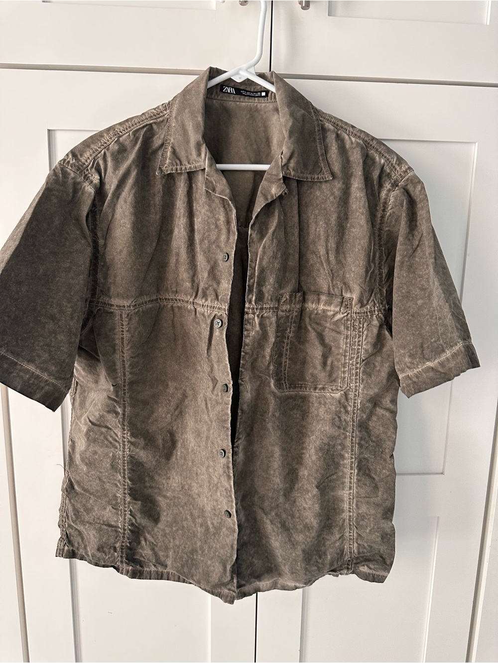 Zara Men's Short Sleeve Button-Down Cotton Shirt in Washed Brown M